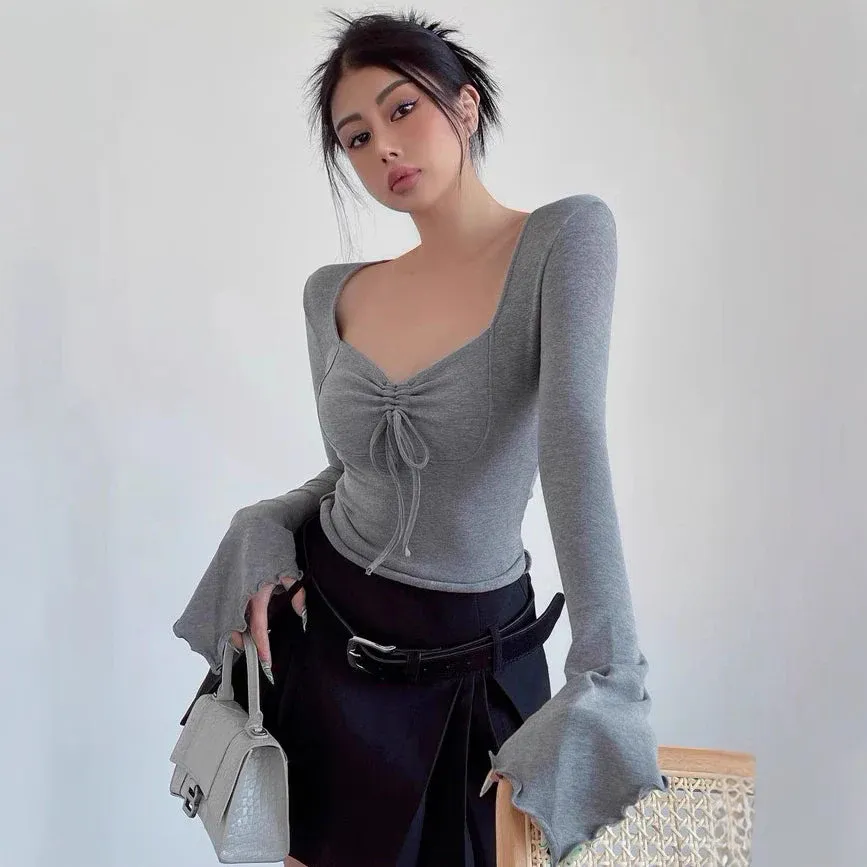 E-commerce Main Image - E-commerce Product Listing: Grey Ruched Top and Black Mini Skirt - Image 2