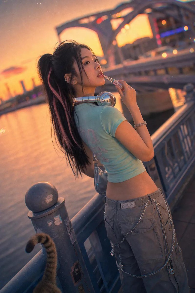Cinematic Y2K Sunset Bridge Portrait