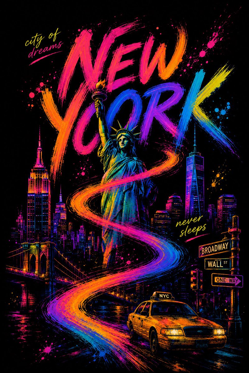 Neon Ribbon Brushstroke City Night Poster