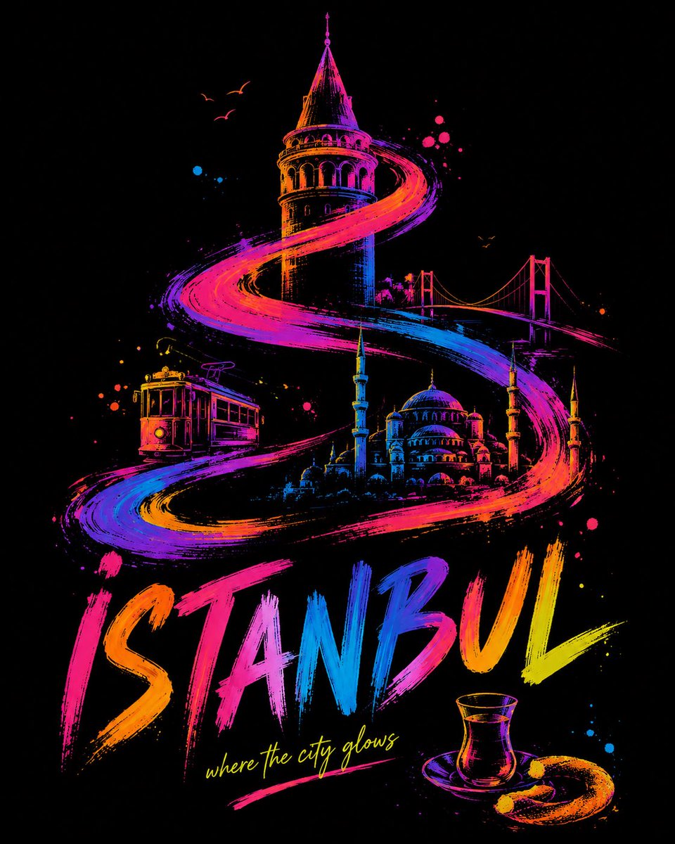 Neon Ribbon Brushstroke City Night Poster