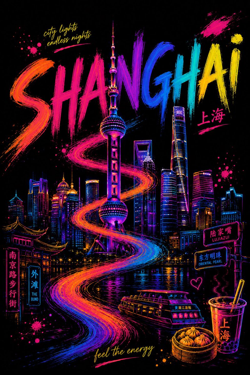 Neon Ribbon Brushstroke City Night Poster