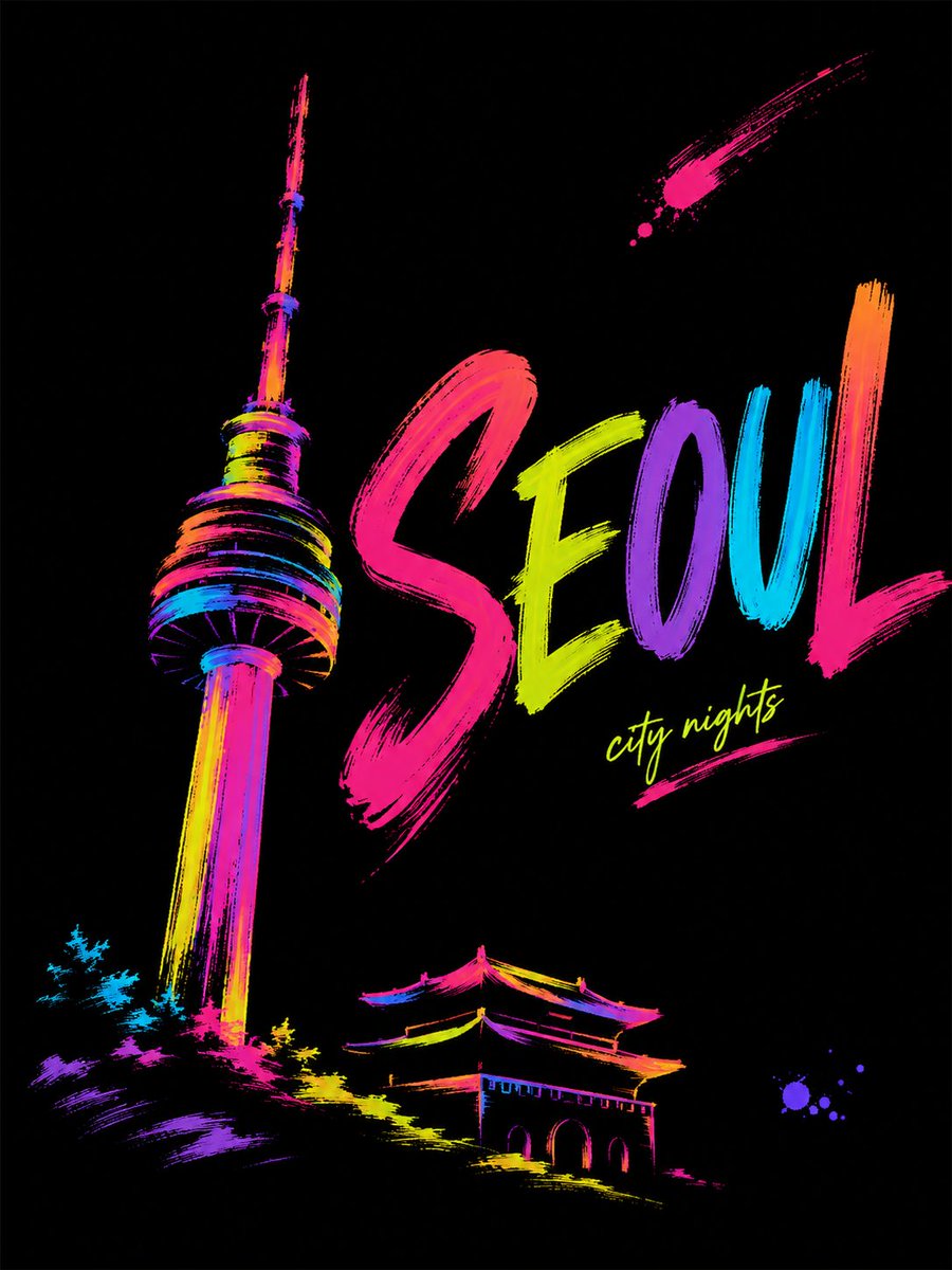 Neon Ribbon Brushstroke City Night Poster