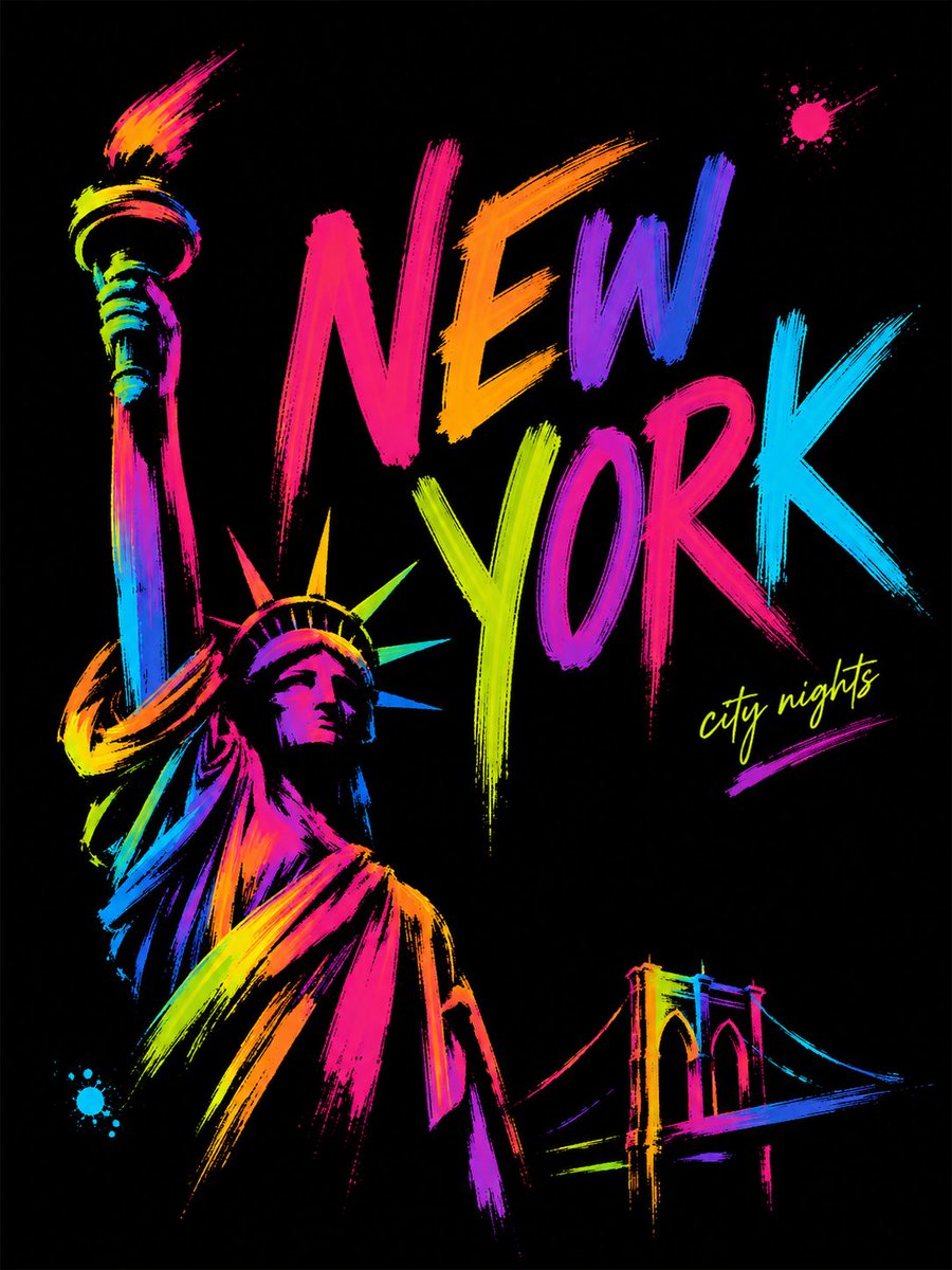 Neon Ribbon Brushstroke City Night Poster