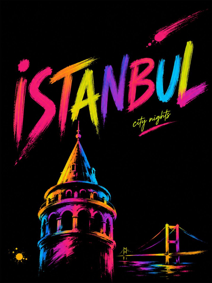 Neon Ribbon Brushstroke City Night Poster