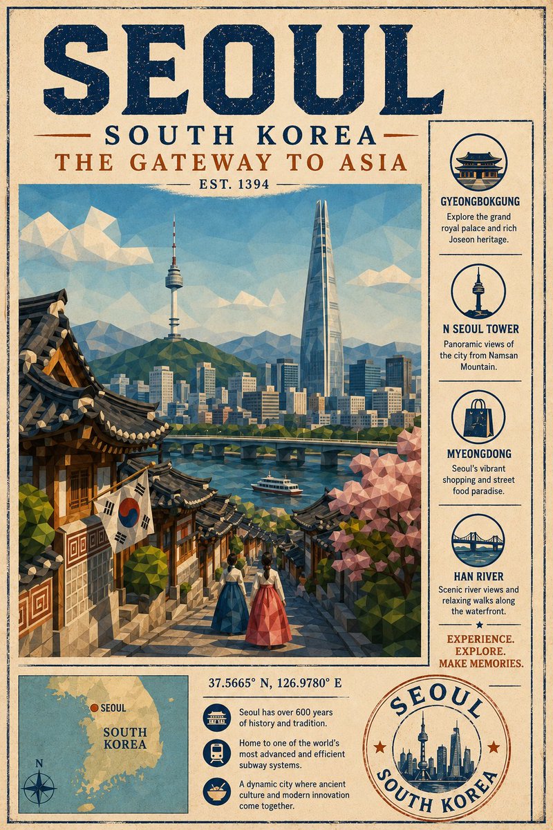 Low Poly Mid-Century Tourism Brochure Poster