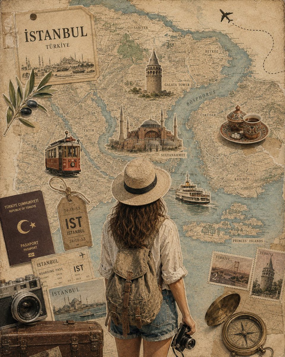 Antique Map Collage With Backpacking Traveler