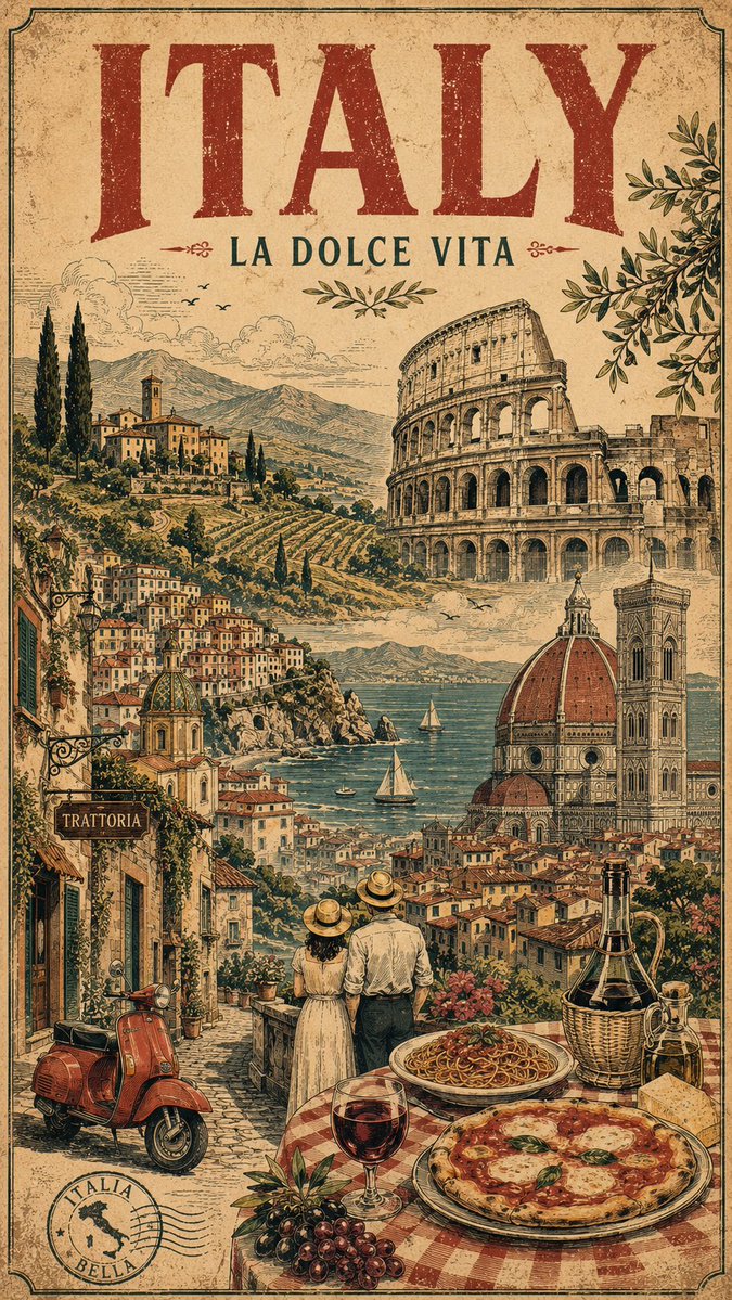 Ink Engraved Vintage Travel Collage Poster