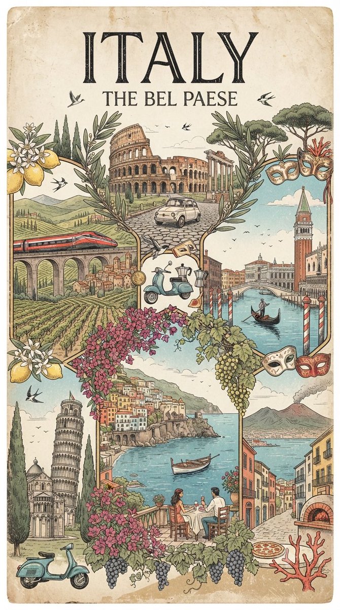 Ink Engraved Vintage Travel Collage Poster