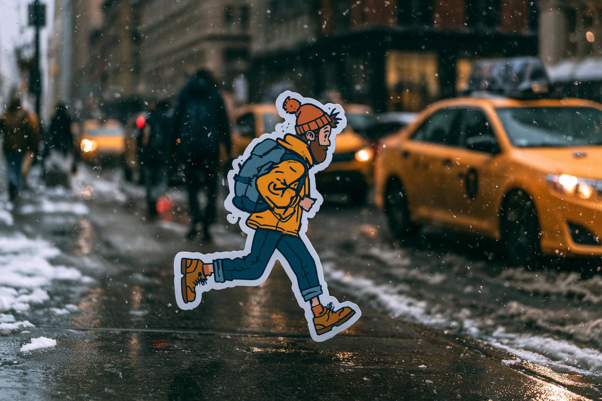 Cartoon Sticker Walking Through Real Photo