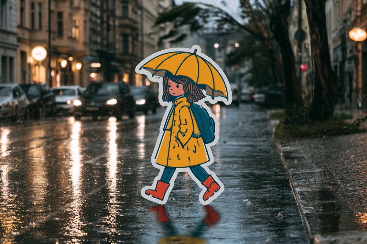 Cartoon Sticker Walking Through Real Photo