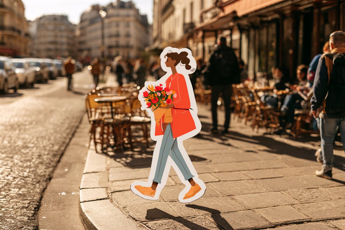 Cartoon Sticker Walking Through Real Photo