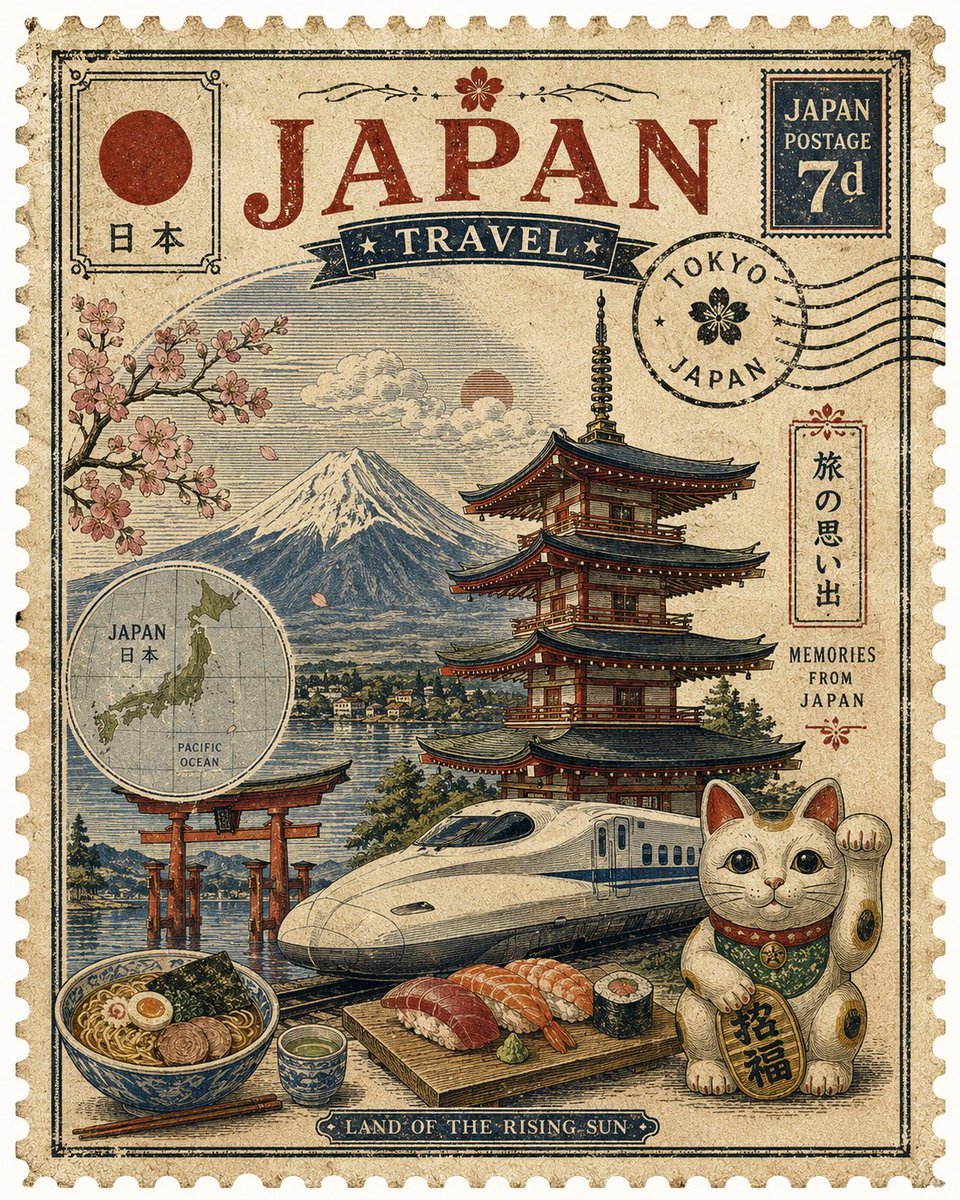 Vintage Country Travel Postage Stamp Artwork