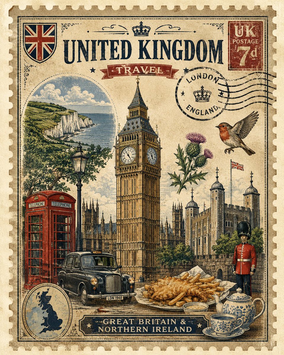 Vintage Country Travel Postage Stamp Artwork