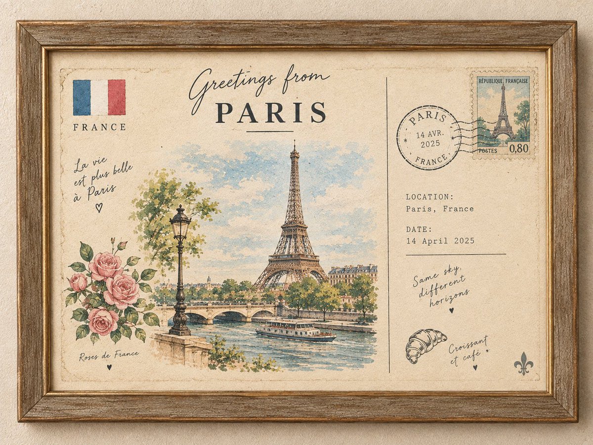 Vintage Framed Hand-Painted Travel Postcard