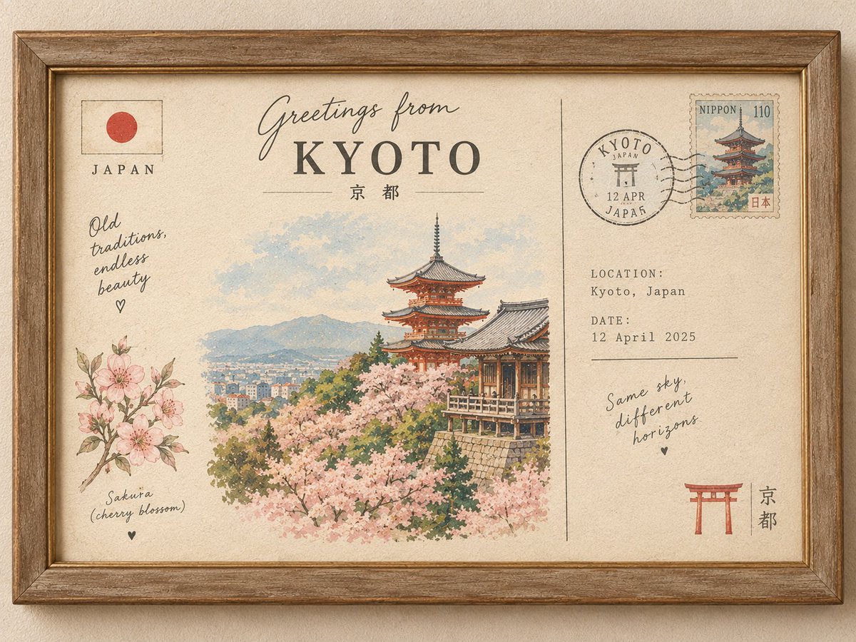 Vintage Framed Hand-Painted Travel Postcard
