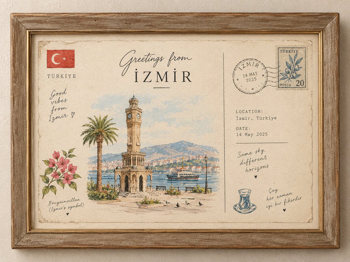 Vintage Framed Hand-Painted Travel Postcard