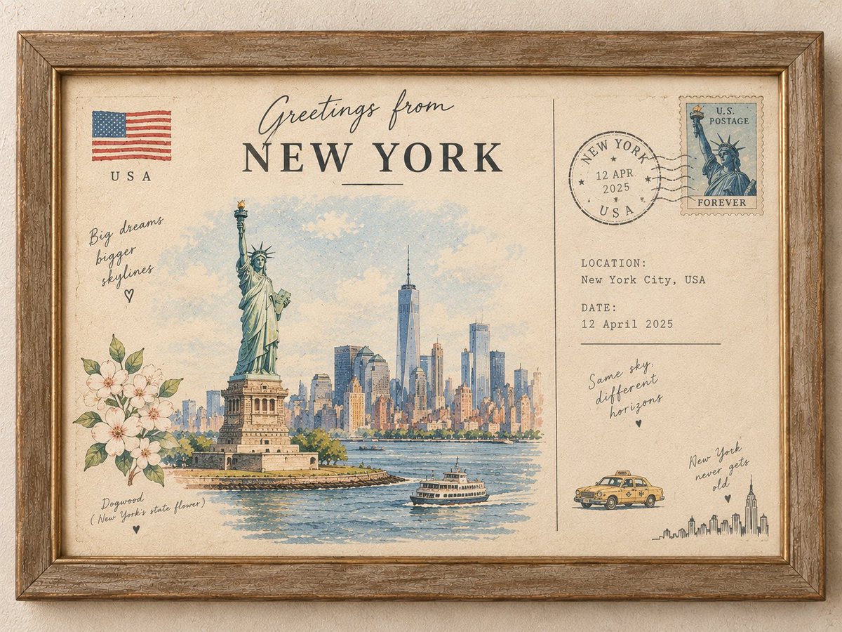 Vintage Framed Hand-Painted Travel Postcard