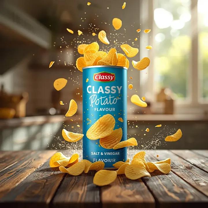 Ultra-realistic snack product photography on a rustic table