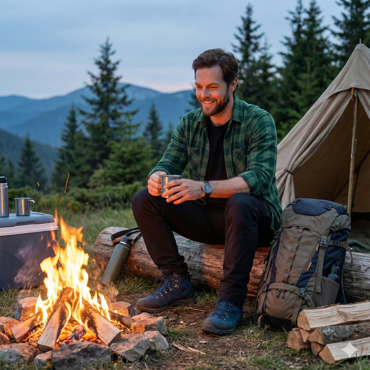 Handsome Male Trekker with Dark Wavy Hair and Full Beard