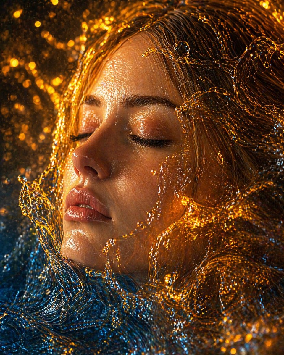 Woman's Face in Molten Gold and Water Fusion
