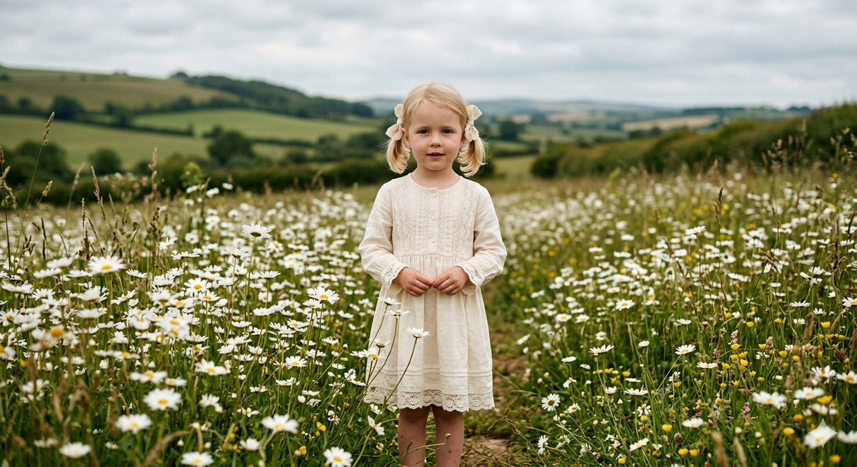 金发女孩在野花草甸,复古连衣裙