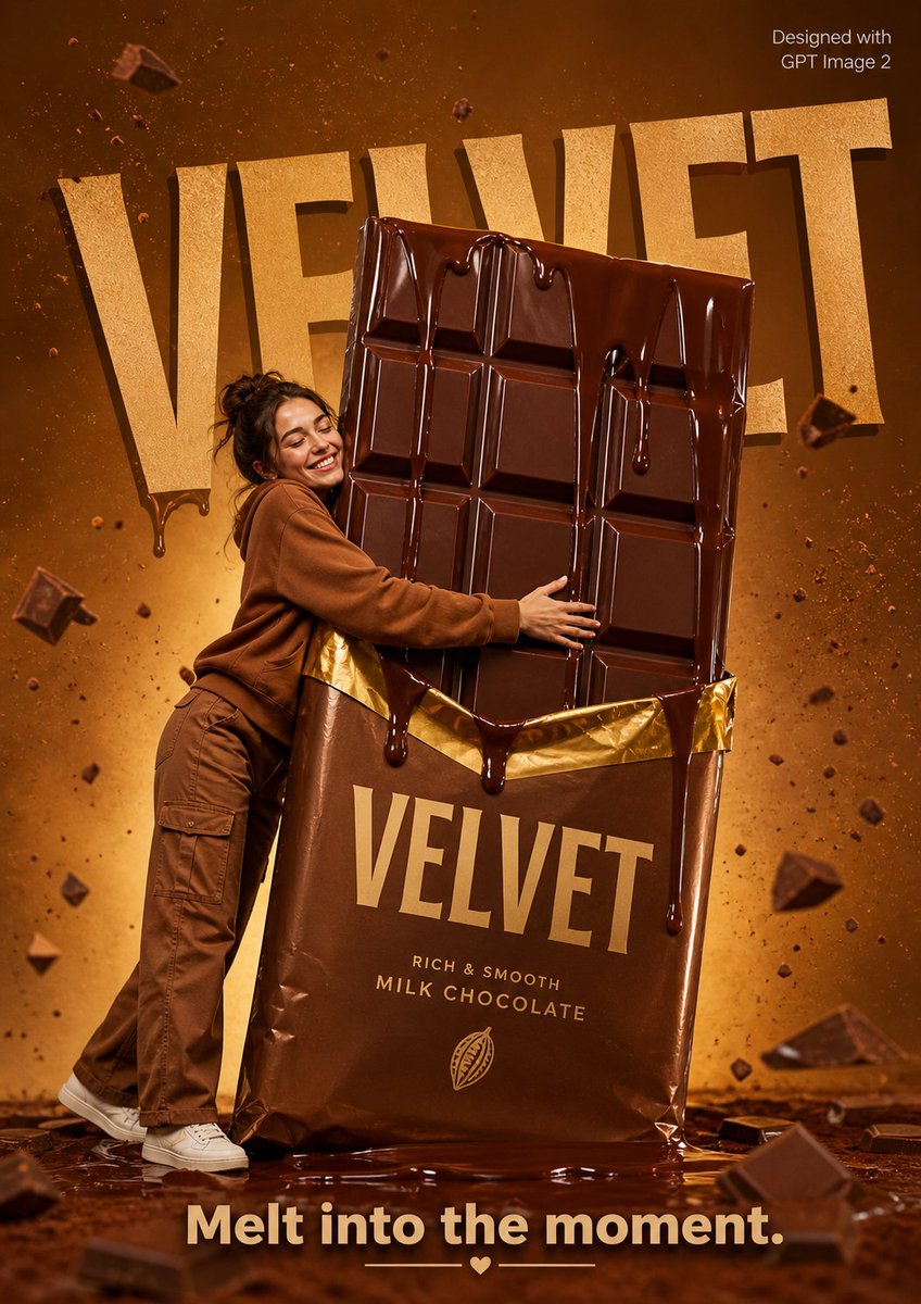 Playful Food Ad: Woman Hugging Giant Chocolate Bar