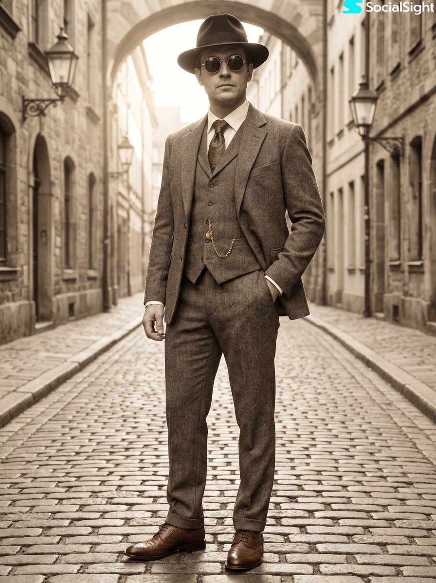 Stylish Man in 1920s Vintage Suit on European Street