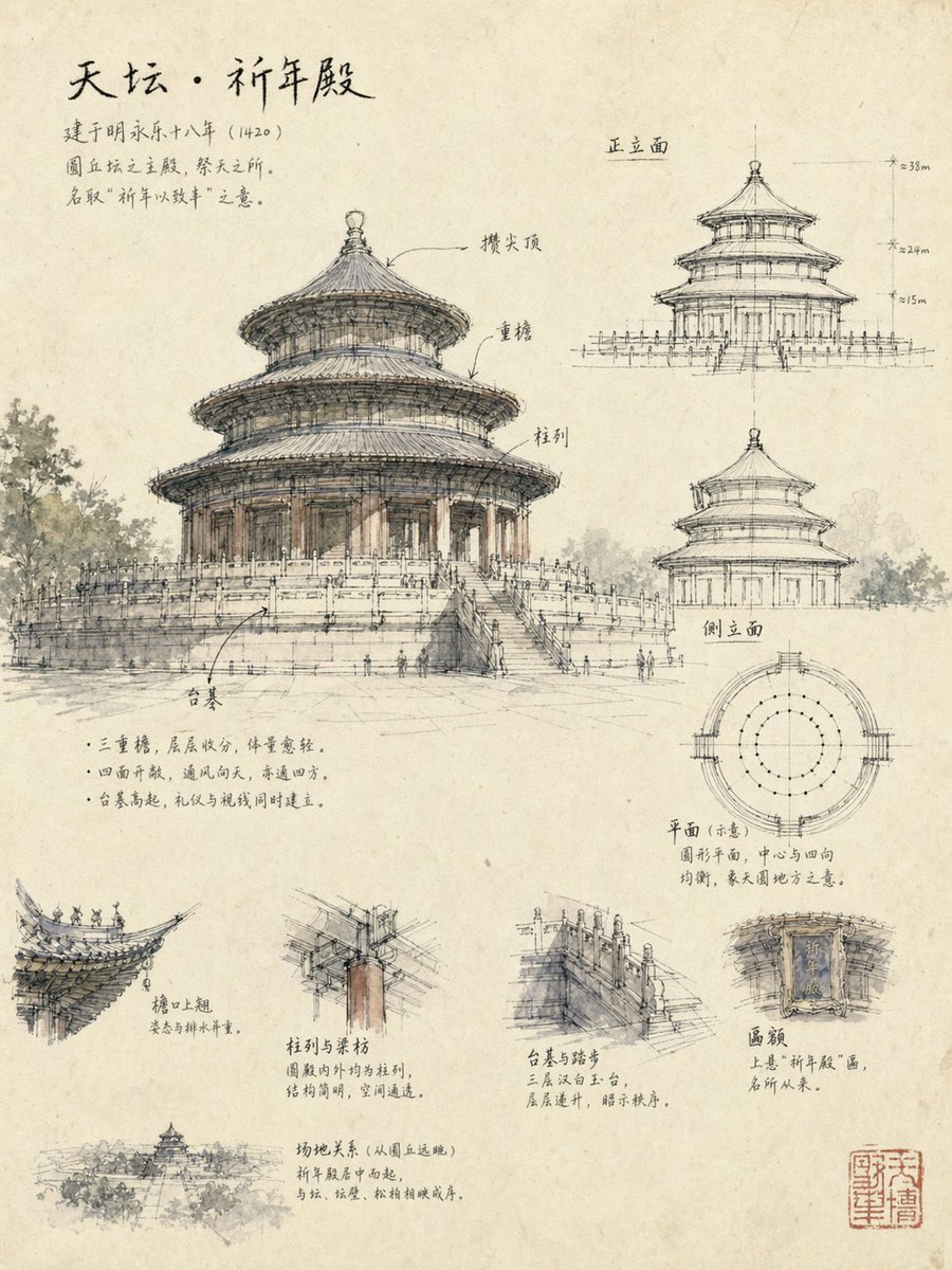 Architectural Sketch Study Page: Temple of Heaven Analysis