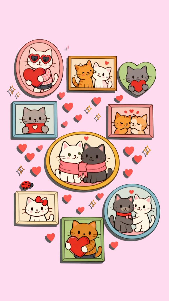 Kawaii Cat Photo Frame Wall in Flat Sticker Style