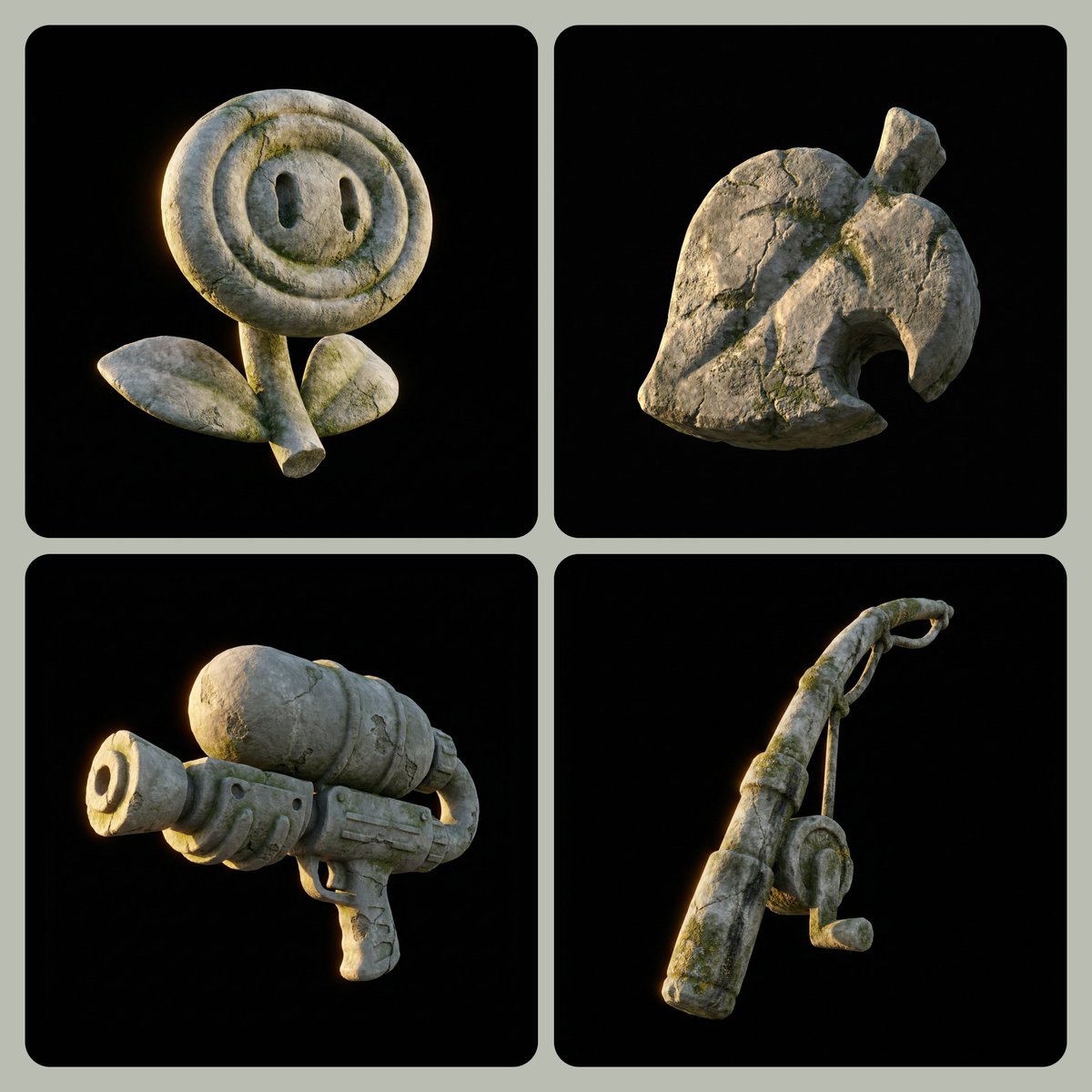 Isolated Weathered Stone Sculptures of Objects