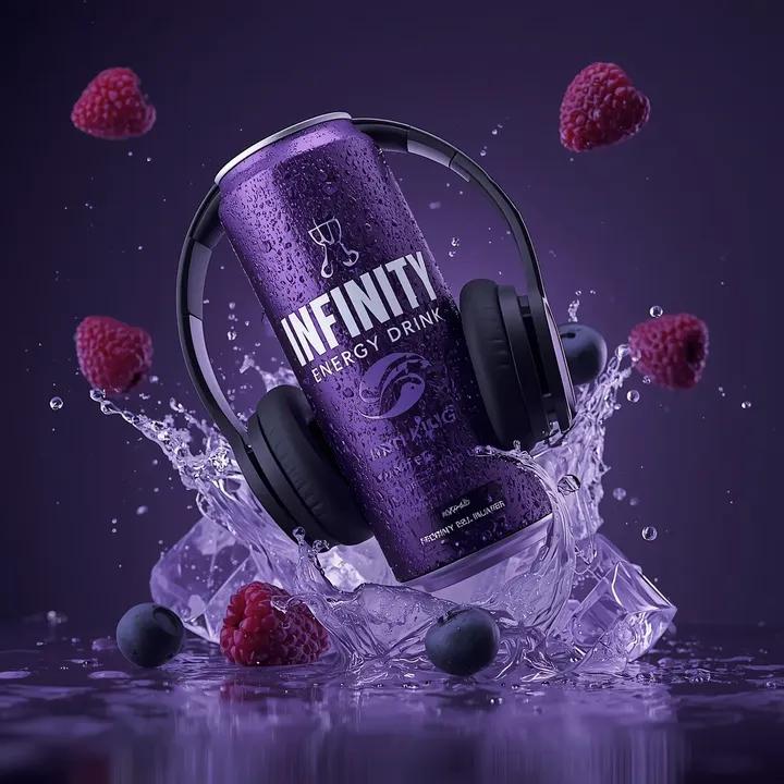 Ultra-cinematic Product Photo of Labeled Energy Drink with Headphones