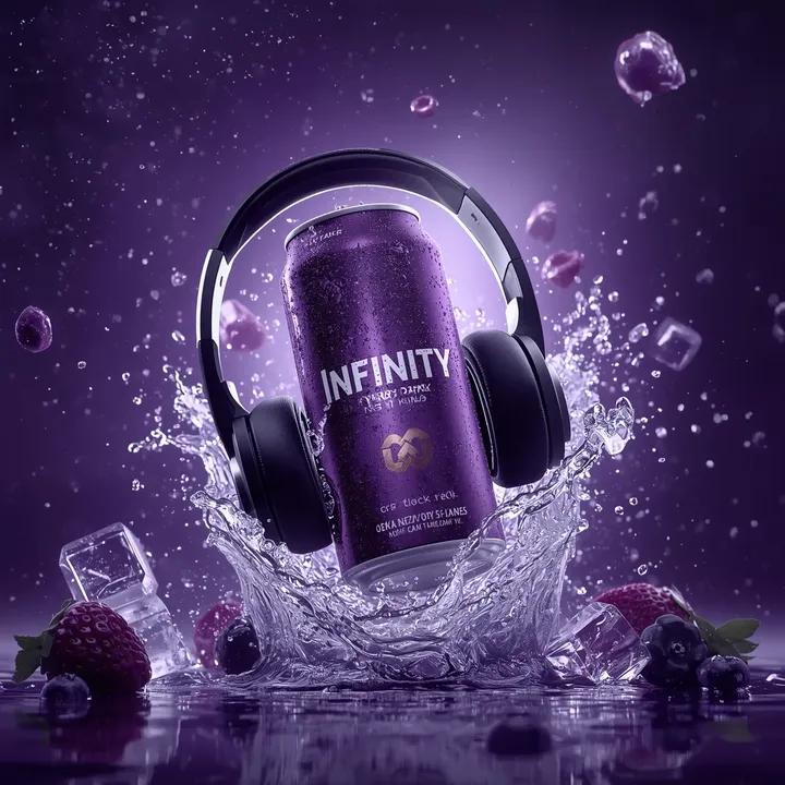 Ultra-cinematic Product Photo of Labeled Energy Drink with Headphones