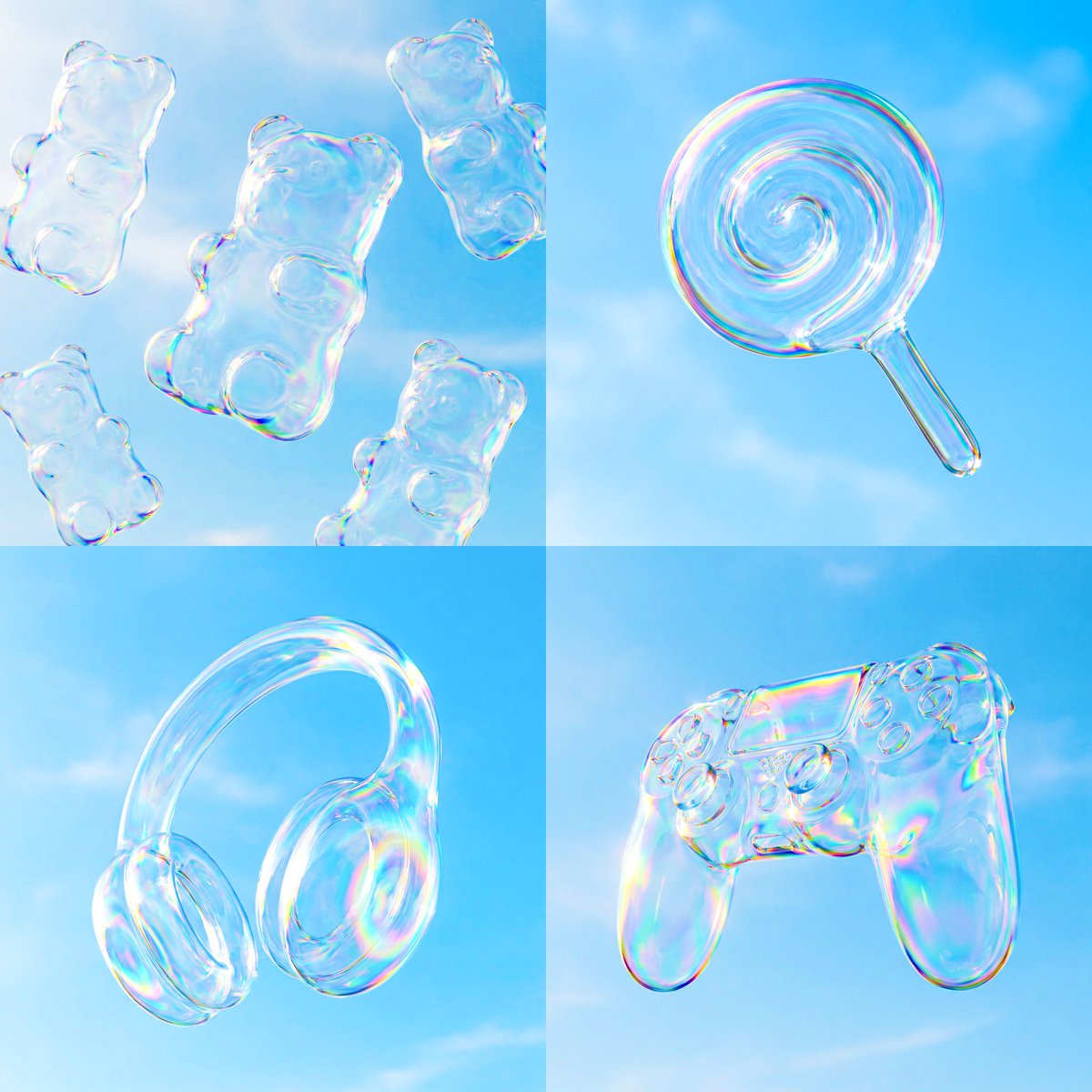 Floating Objects Made of Iridescent Soap Bubbles