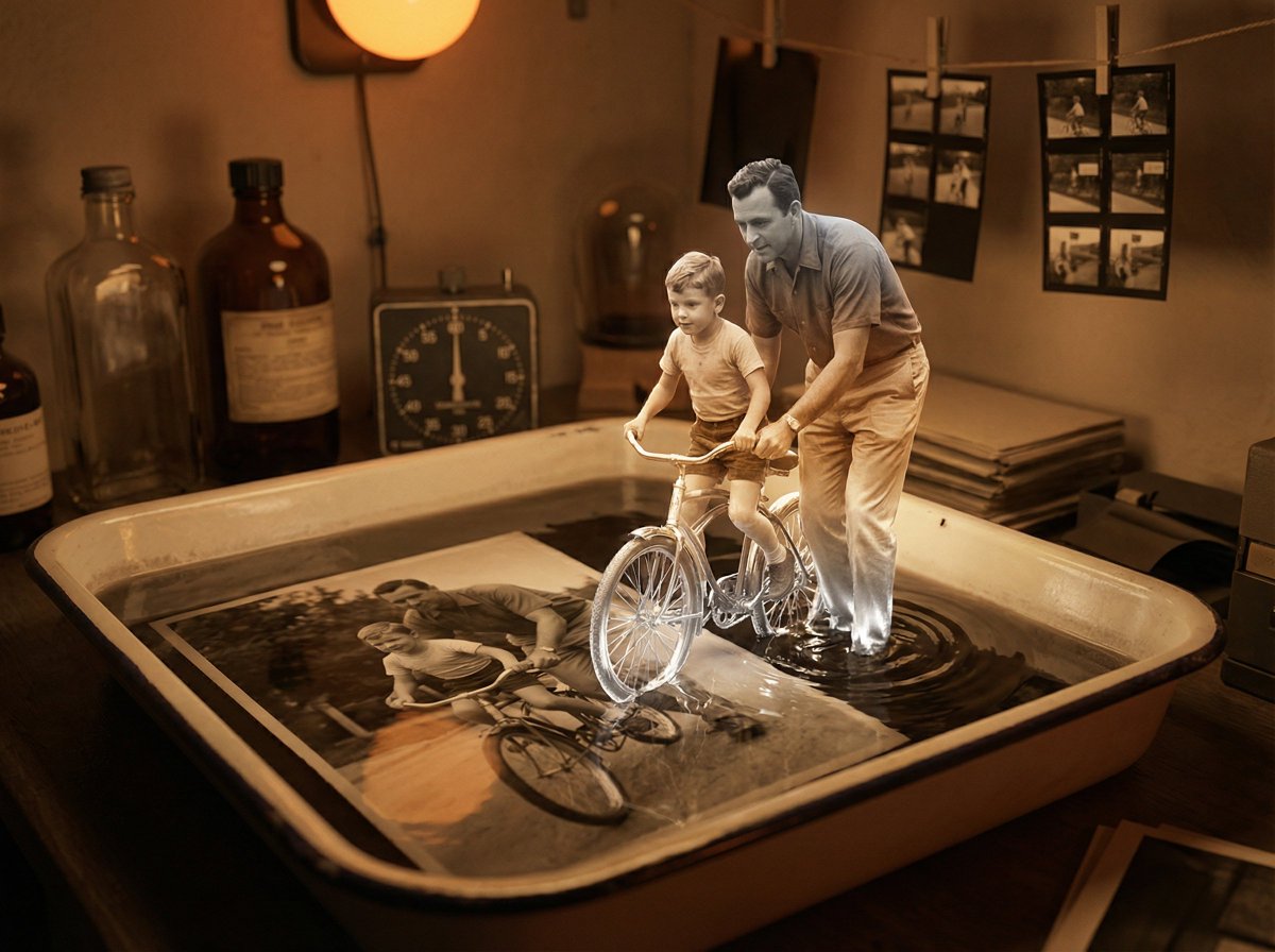 Subject emerging from vintage photo in darkroom