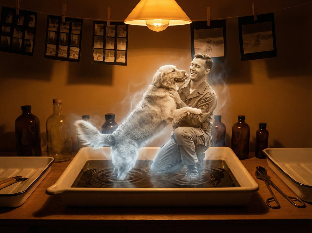 Subject emerging from vintage photo in darkroom