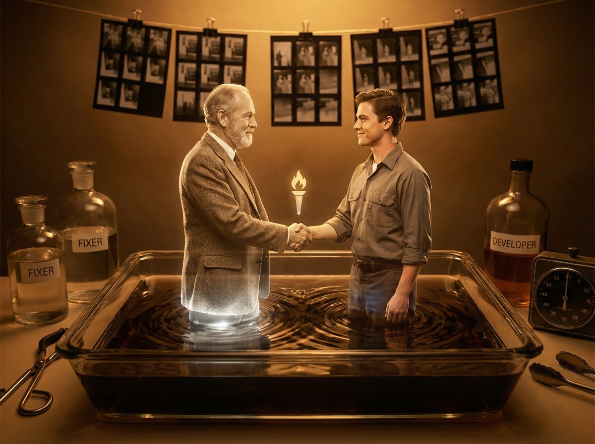 Subject emerging from vintage photo in darkroom