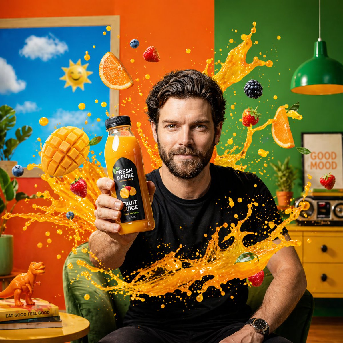 Energetic Fruit Splash Ad with Cartoon Sky