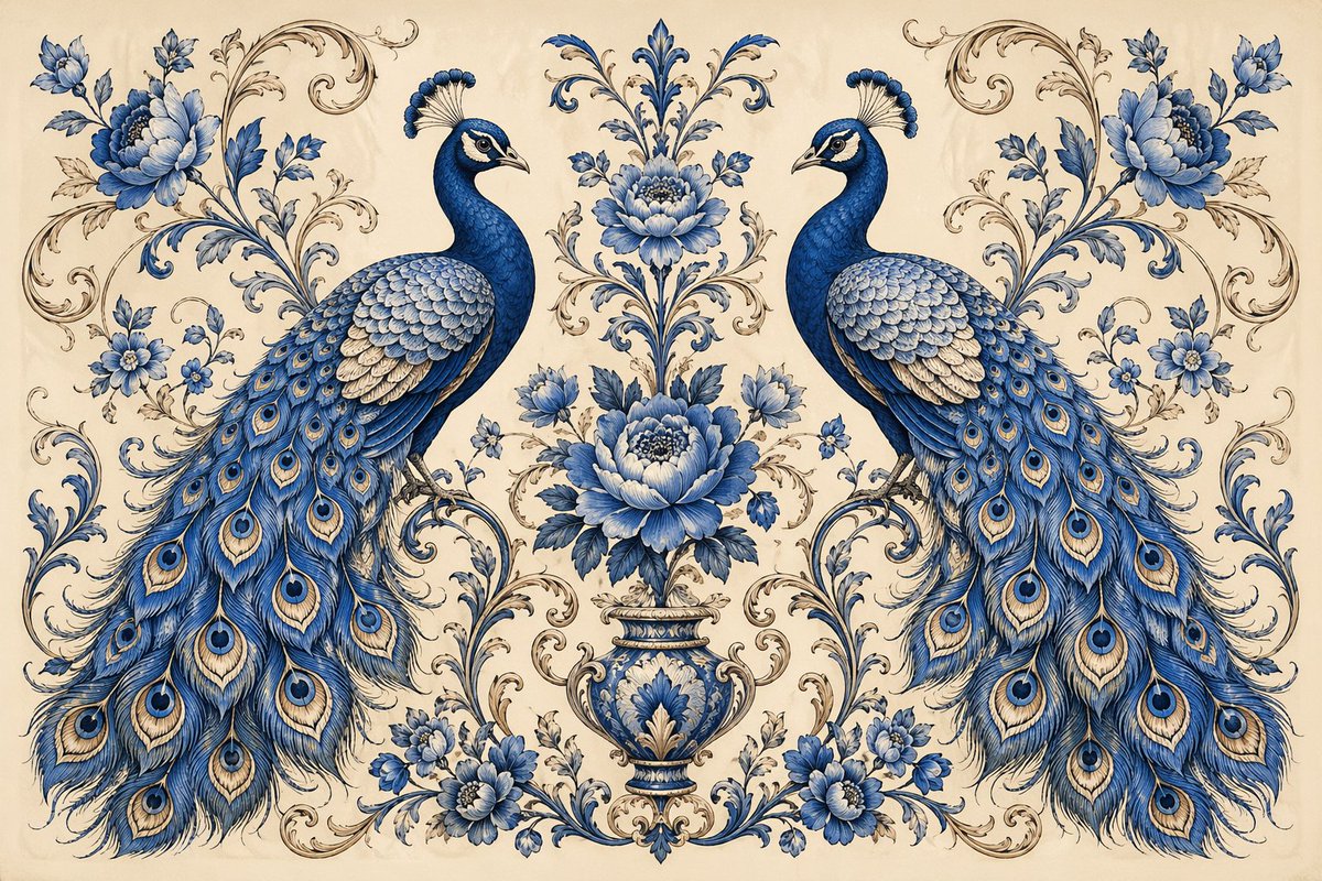 Symmetrical Blue Peacocks with Vintage Floral Decor