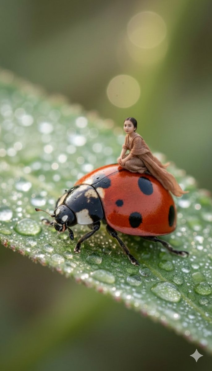 Miniature Girl on a Red Ladybug Macro Photograph