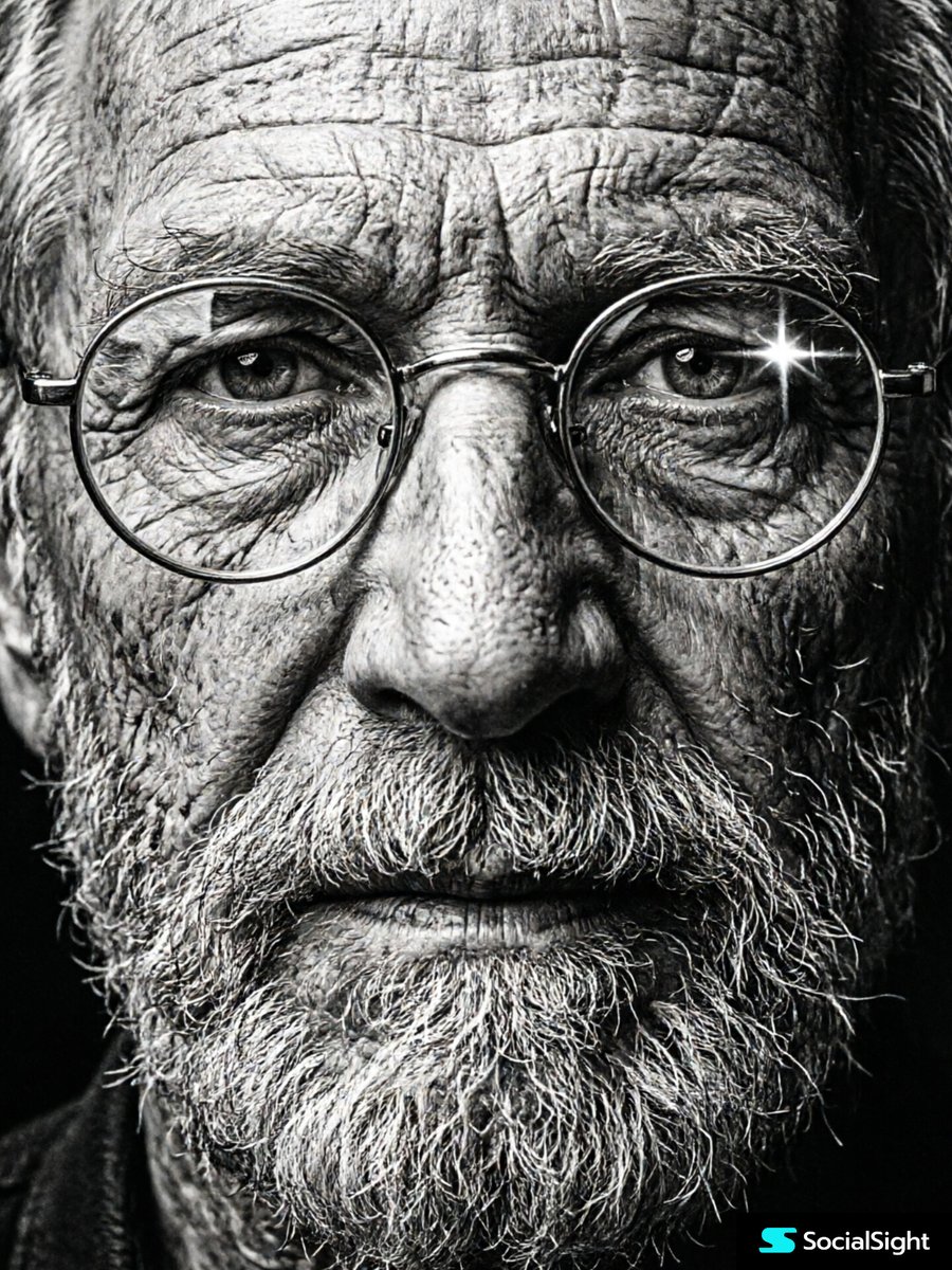 高对比度刮板画风格的老人肖像,戴眼镜