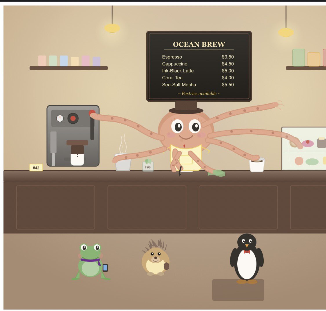 SVG Octopus Barista at Coffee Shop Counter