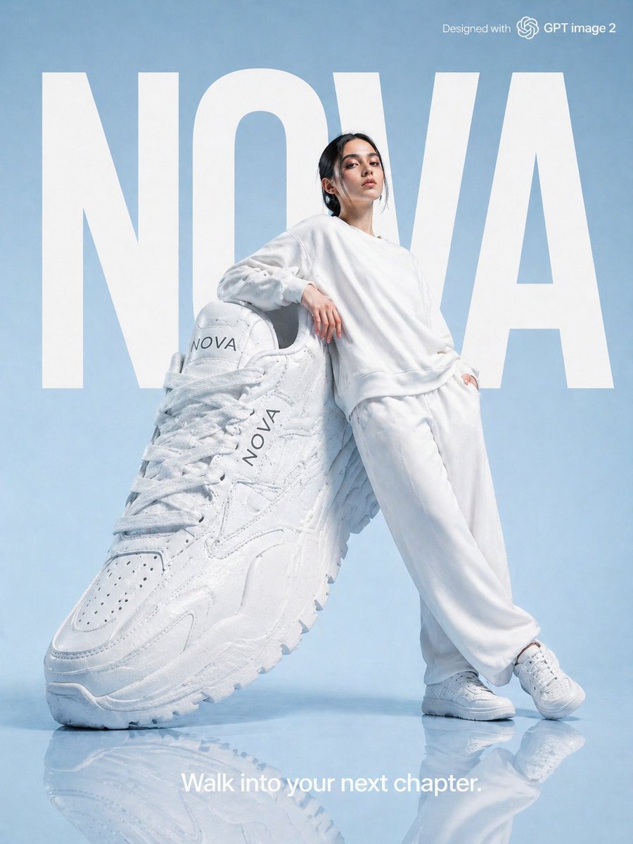 High-fashion sneaker ad with oversized prop and bold typography