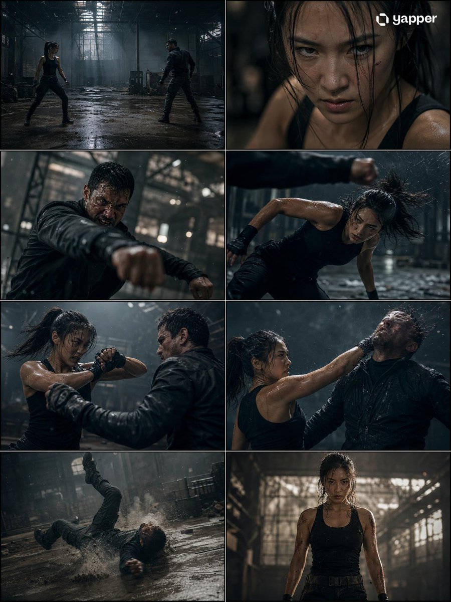 Cinematic 8-Panel Storyboard: Female Protagonist Fight