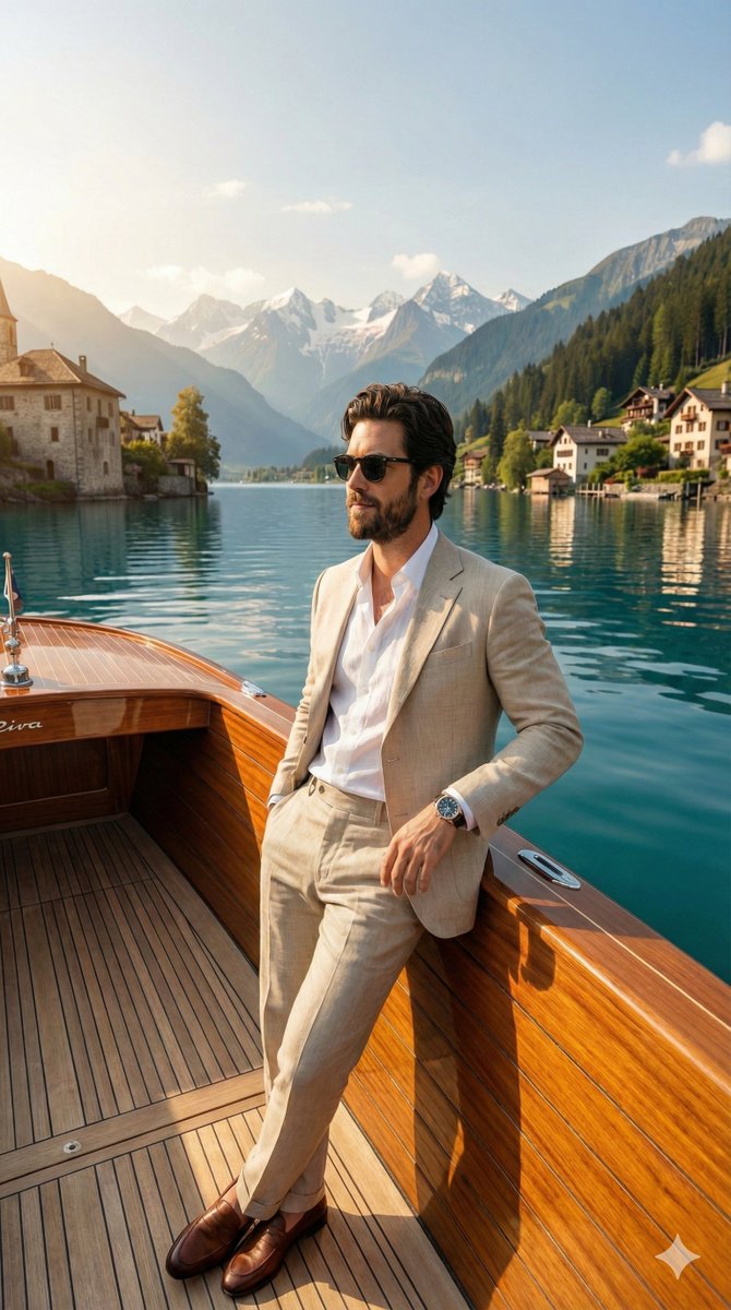 Elegant Man on Luxury Boat in Alpine Lake