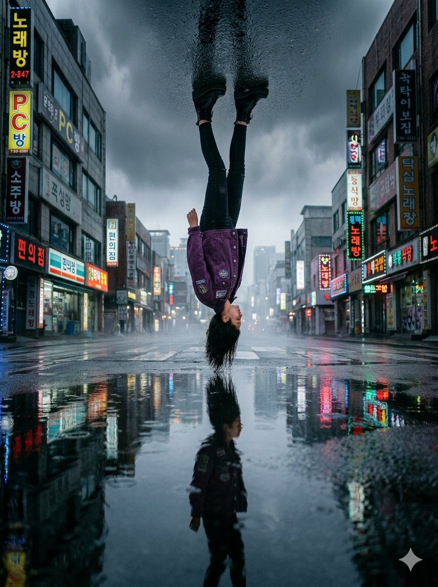 Surreal Upside-Down Woman in Neon City Reflection