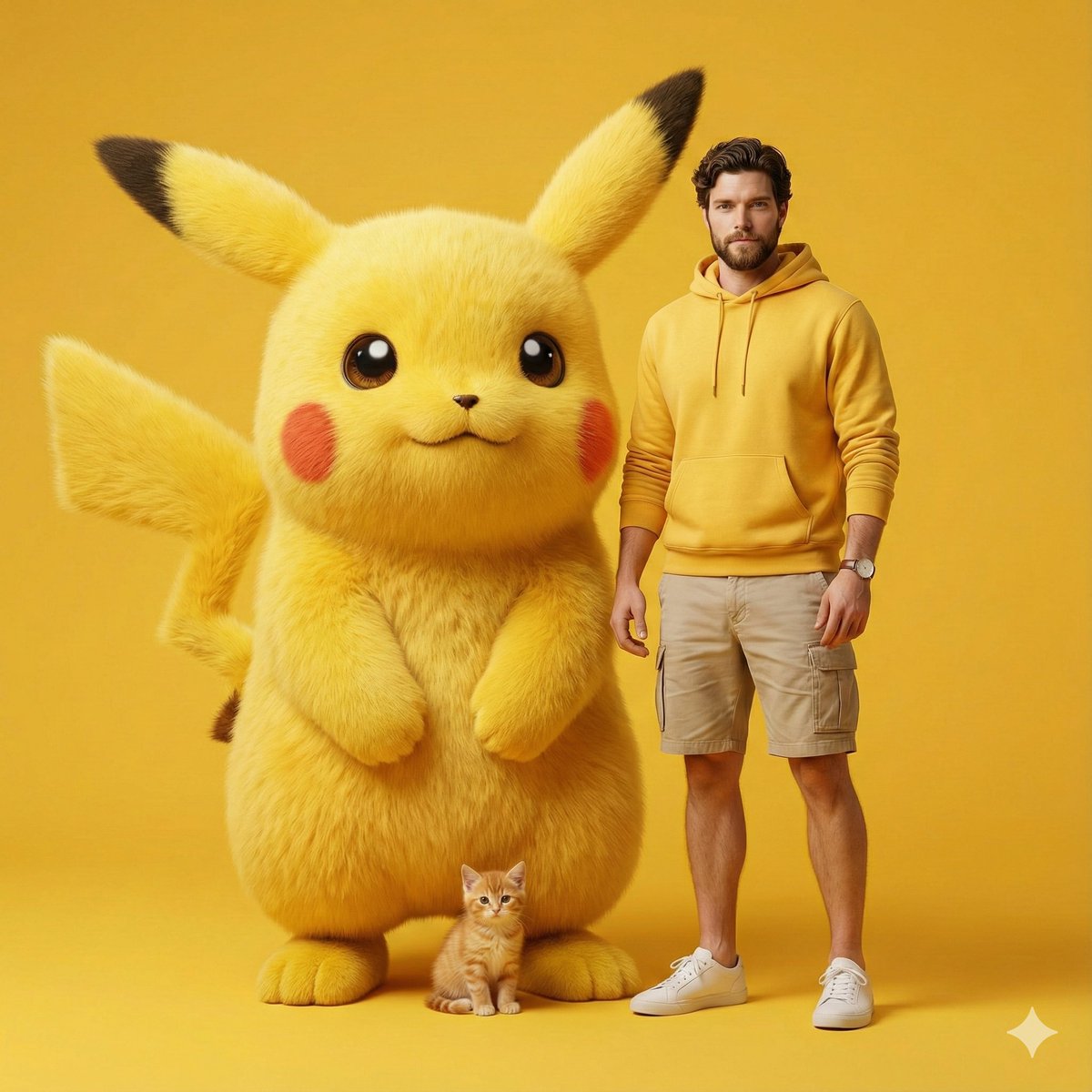 Stylish Man with Giant Fluffy Pikachu in Monochromatic Scene