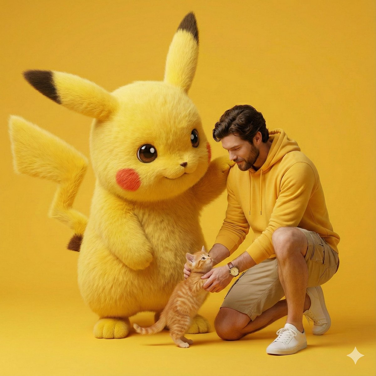 Stylish Man with Giant Fluffy Pikachu in Monochromatic Scene