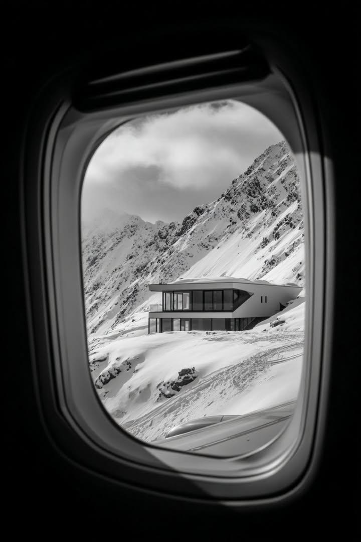 Futuristic House on Snowy Mountain from Airplane Window