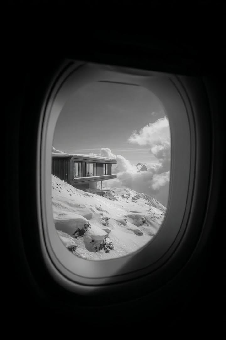 Futuristic House on Snowy Mountain from Airplane Window