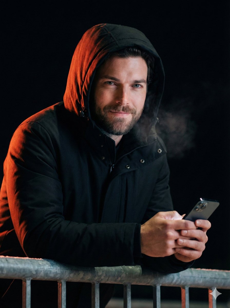 Dramatic Night Portrait with Dual Lighting and Red Glow